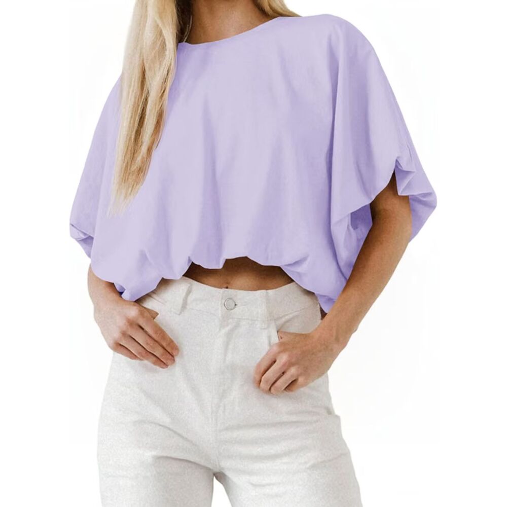 Crewneck Short Sleeve Casual Loose Cropped T Shirts, Medium, 5D-205T009